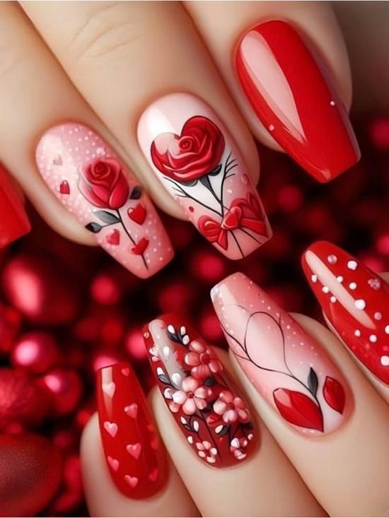 No Brand Other - Medium Coffin Red Pink Press-On Nails with Rose Designs Glossy Valentines 24 Pcs